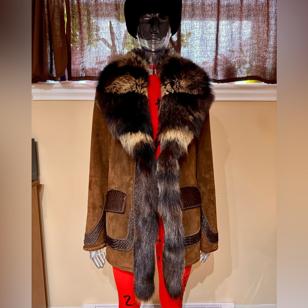 Brown Suede with Fur-Trimmed Coat